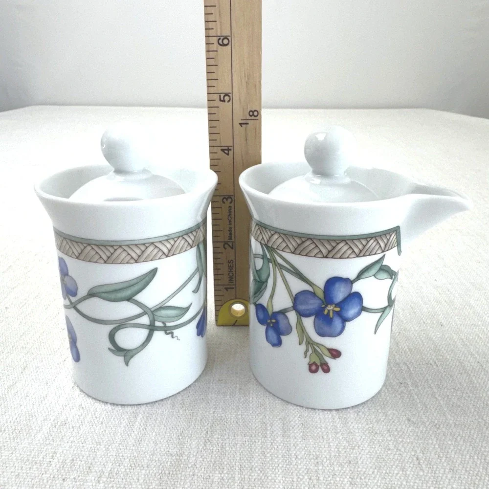 Dansk Umbrian Flowers Creamer and Sugar Bowl Set Portugal Ceramic Floral Blue